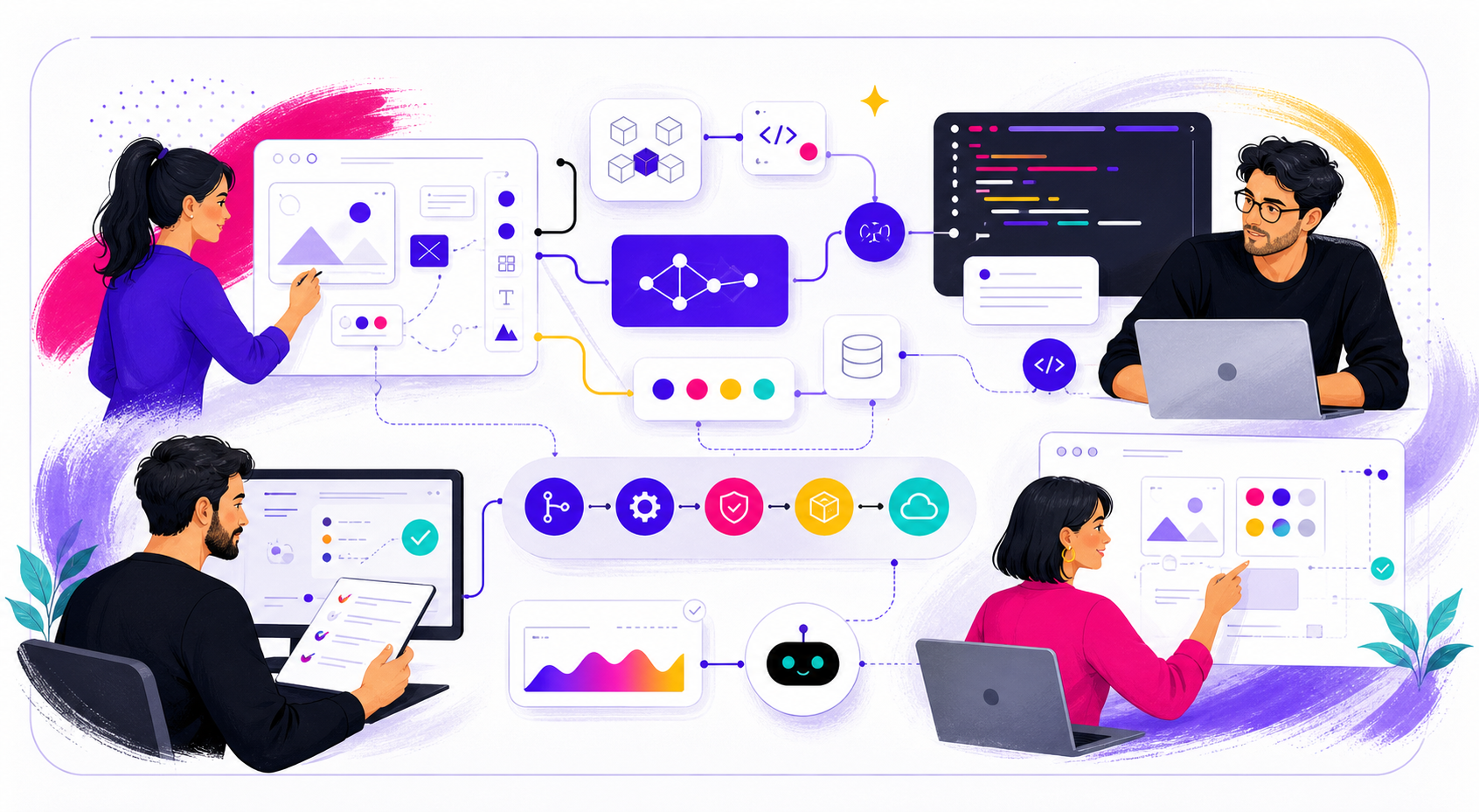 Illustrazione tecnica di supporto frontend, automazioni e integrazioni AI per agenzie