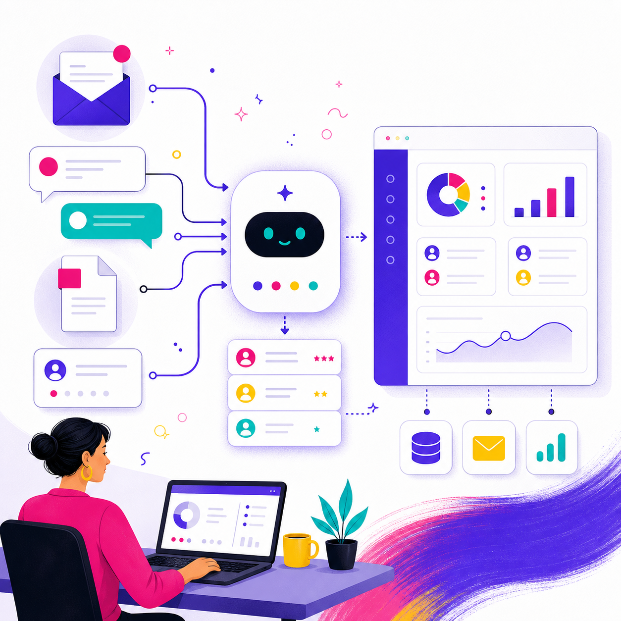 Illustrazione di agenti AI che organizzano lead, documenti e dashboard