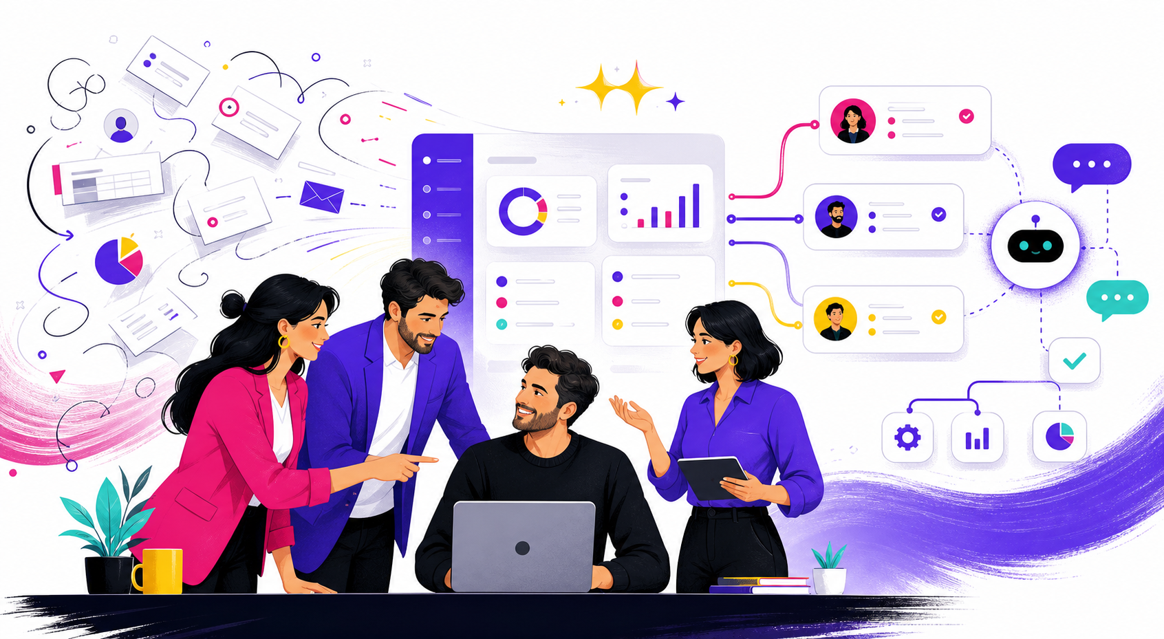 Illustrazione di un team che trasforma processi aziendali con sistemi AI
